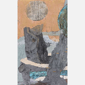 Figurative surrealist Painting by Gregory Kitterle. Mainly yellow, gold, grey colors. Title: Where’s Piper. Link to painting's page with detailed images.