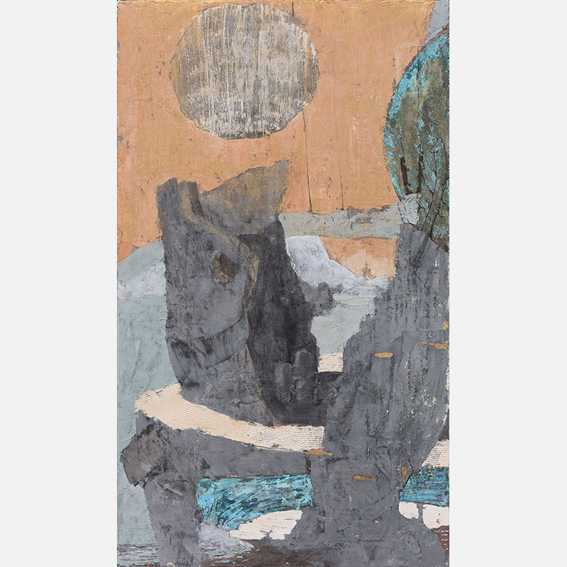 Figurative surrealist painting by Gregory Kitterle. Mainly yellow, gold, grey colors. Title: Where’s Piper