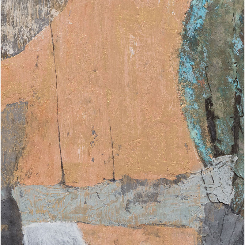 Detail of a Figurative surrealist painting by Gregory Kitterle. Mainly yellow, gold, grey colors. Title: Where’s Piper