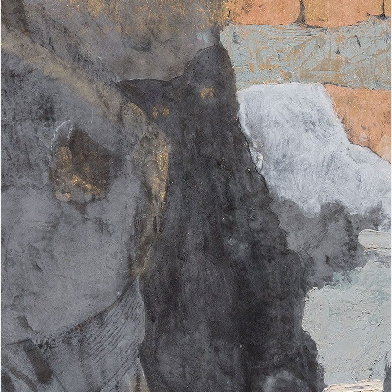 Detail of a Figurative surrealist painting by Gregory Kitterle. Mainly yellow, gold, grey colors. Title: Where’s Piper