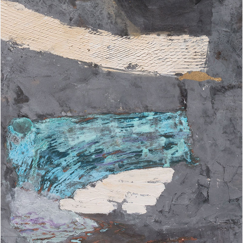 Detail of a Figurative surrealist painting by Gregory Kitterle. Mainly yellow, gold, grey colors. Title: Where’s Piper