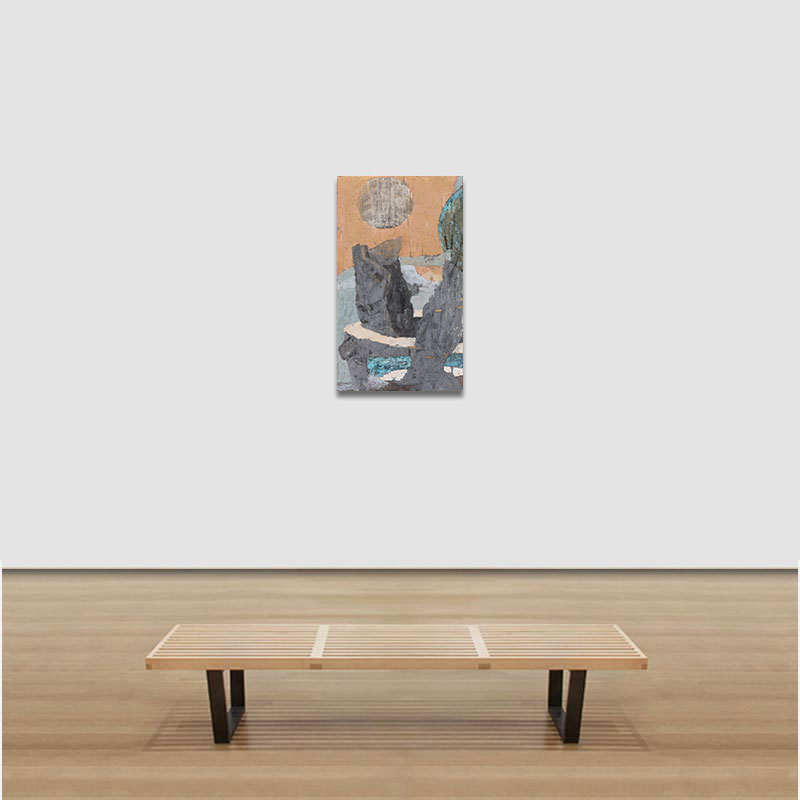 View in a room of a figurative surrealist painting by Gregory Kitterle. Mainly yellow, gold, grey colors. Title: Where’s Piper