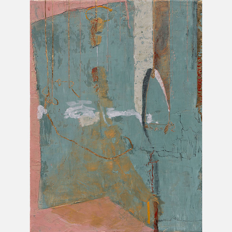 Figurative surrealist painting by Gregory Kitterle. Mainly blue, yellow, white colors. Title: Flat Space.