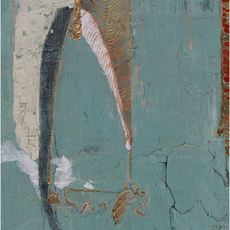 Detail of a Figurative surrealist painting by Gregory Kitterle. Mainly blue, yellow, white colors. Title: Flat Space.