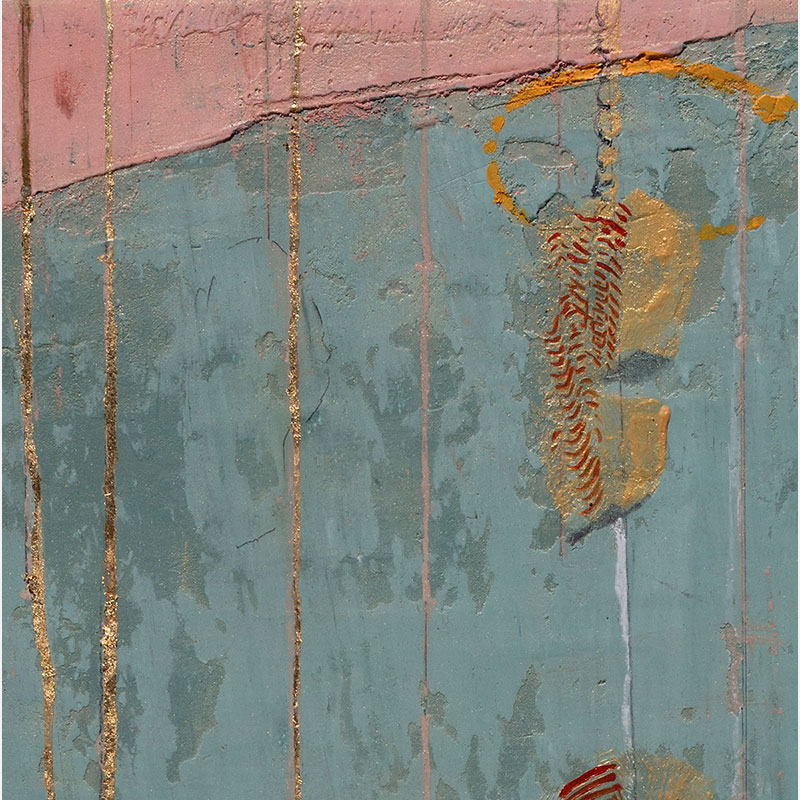 Detail of a Figurative surrealist painting by Gregory Kitterle. Mainly blue, yellow, white colors. Title: Flat Space.