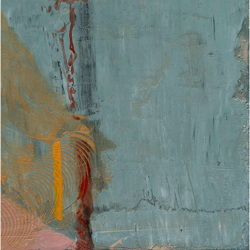 Detail of a Figurative surrealist painting by Gregory Kitterle. Mainly blue, yellow, white colors. Title: Flat Space.