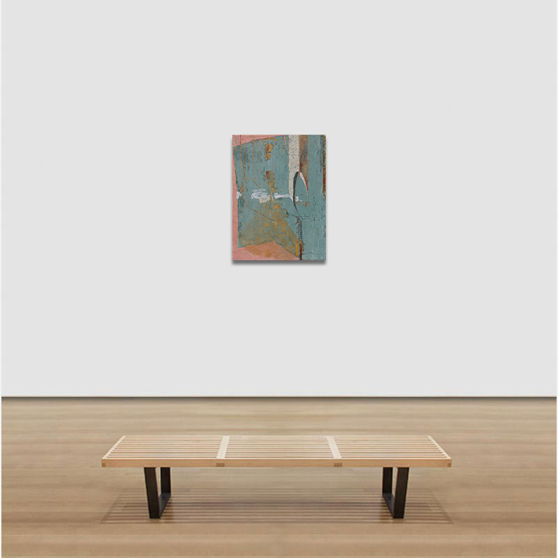 View in a room of a figurative surrealist painting by Gregory Kitterle. Mainly blue, yellow, white colors. Title: Flat Space.