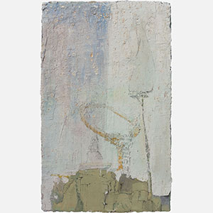 Figurative surrealist Painting by Gregory Kitterle. Mainly yellow, gold, grey colors. Title: Catching Equilibrium. Link to painting's page with detailed images.