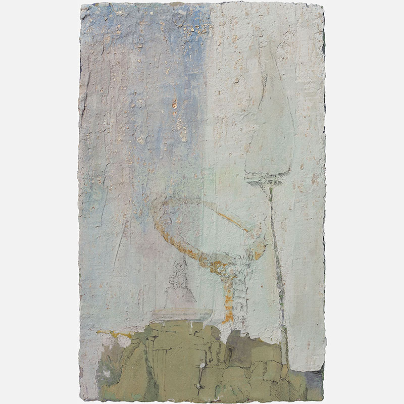 Figurative surrealist painting by Gregory Kitterle. Mainly yellow, gold, grey colors. Title: Catching Equilibrium