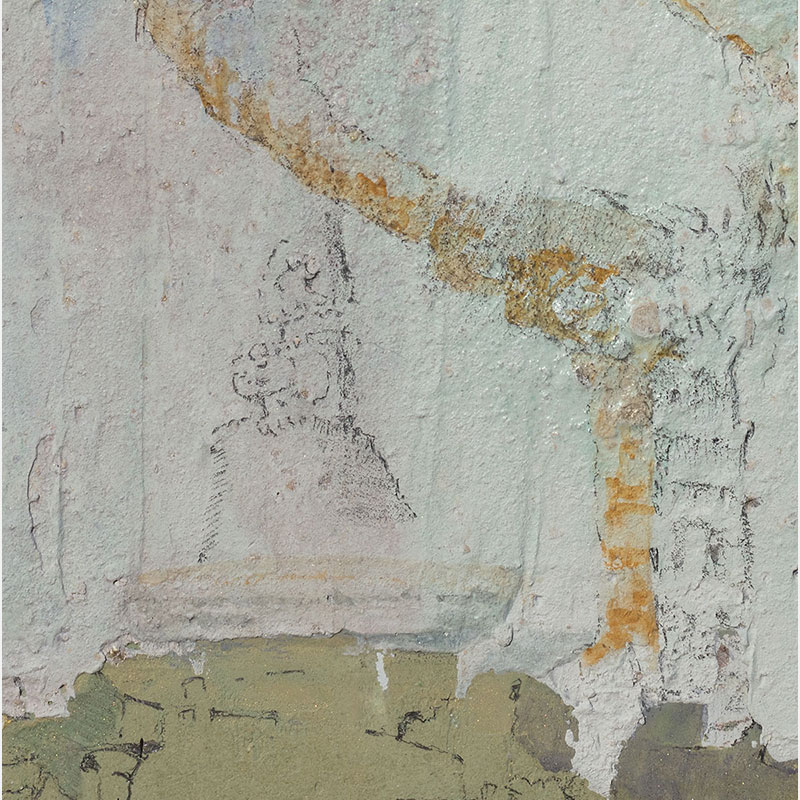 Detail of a Figurative surrealist painting by Gregory Kitterle. Mainly yellow, gold, grey colors. Title: Catching Equilibrium