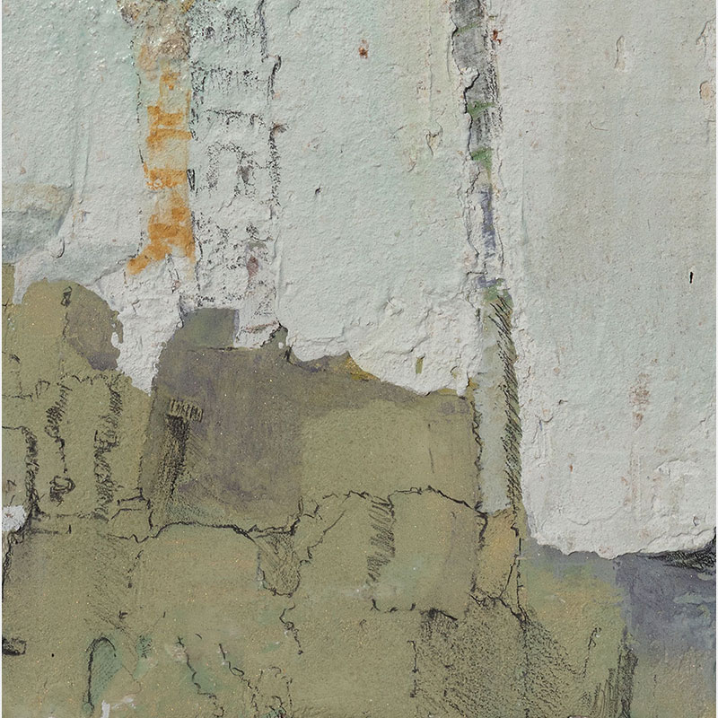 Detail of a Figurative surrealist painting by Gregory Kitterle. Mainly yellow, gold, grey colors. Title: Catching Equilibrium