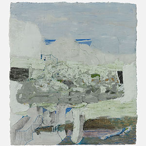 Figurative surrealist Painting by Gregory Kitterle. Mainly yellow, gold, grey colors. Title: Gigantia. Link to painting's page with detailed images.