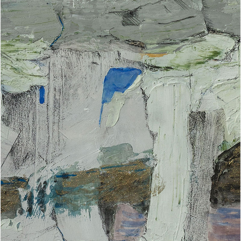 Detail of a Figurative surrealist painting by Gregory Kitterle. Mainly yellow, gold, grey colors. Title: Gigantia