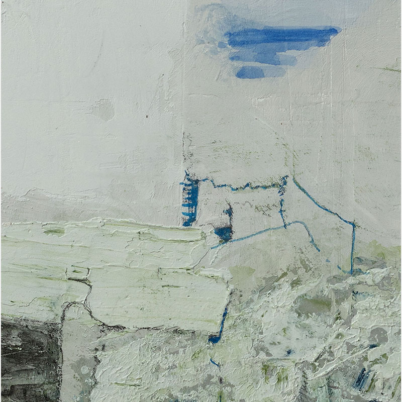 Detail of a Figurative surrealist painting by Gregory Kitterle. Mainly yellow, gold, grey colors. Title: Gigantia