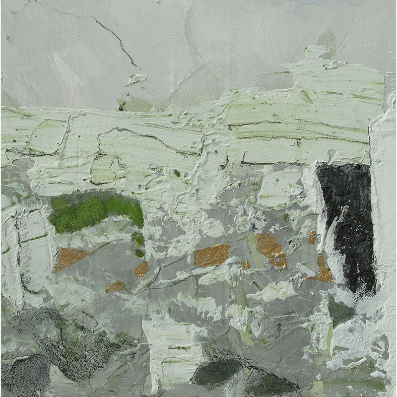 Detail of a Figurative surrealist painting by Gregory Kitterle. Mainly yellow, gold, grey colors. Title: Gigantia