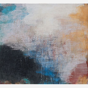 Abstract expressionist Painting by Orazio De Gennaro. Mainly blue, orange, yellow, white, black colors. Title: Tempo Perso. Link to painting's page with detailed images.