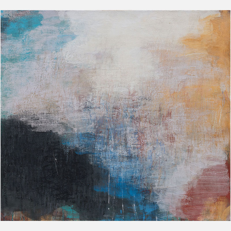 Abstract expressionist Painting by Orazio De Gennaro. Mainly blue, orange, yellow, white, black colors. Title: Tempo Perso