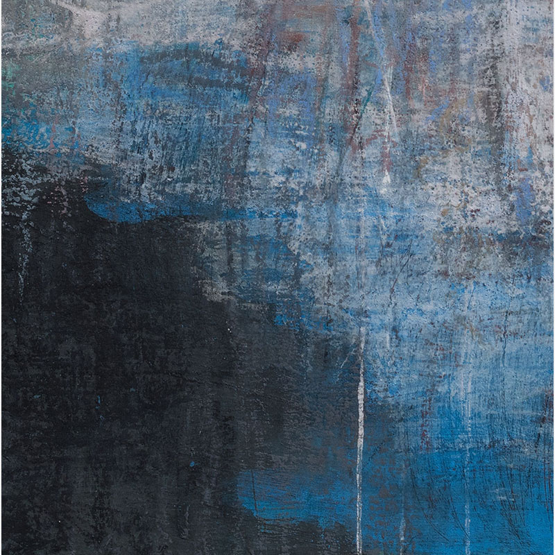 Detail of a Abstract expressionist Painting by Orazio De Gennaro. Mainly blue, orange, yellow, white, black colors. Title: Tempo Perso