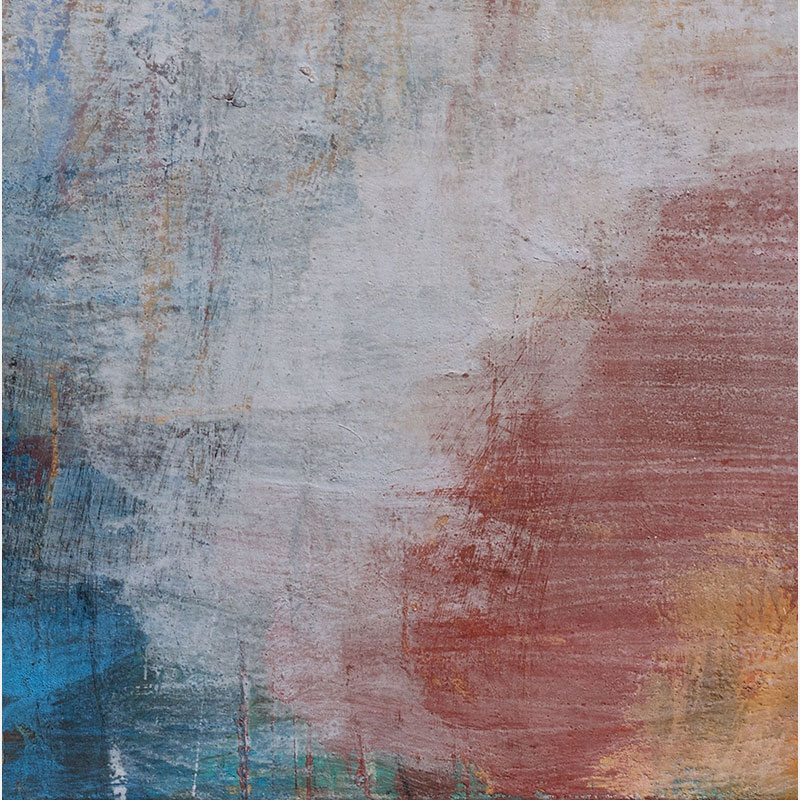 Detail of a Abstract expressionist Painting by Orazio De Gennaro. Mainly blue, orange, yellow, white, black colors. Title: Tempo Perso