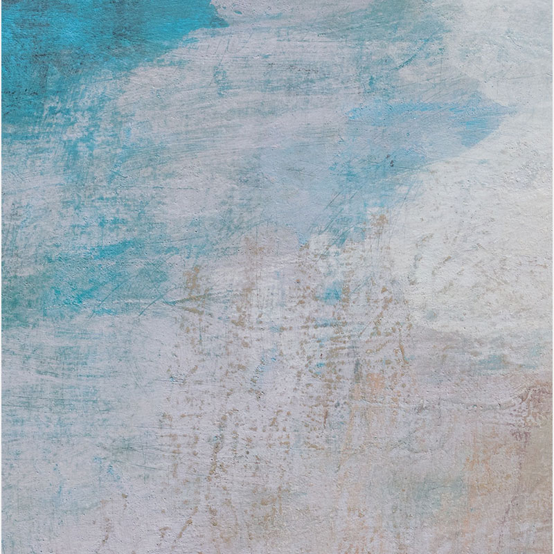 Detail of a Abstract expressionist Painting by Orazio De Gennaro. Mainly blue, orange, yellow, white, black colors. Title: Tempo Perso