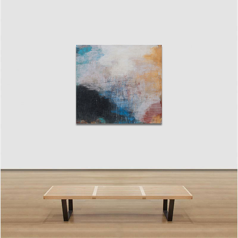View in a room of a Abstract expressionist Painting by Orazio De Gennaro. Mainly blue, orange, yellow, white, black colors. Title: Tempo Perso