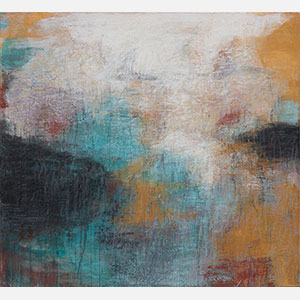 Abstract expressionist Painting by Orazio De Gennaro. Mainly blue, yellow, white, black, green colors. Title: Terra Incognita III. Link to painting's page with detailed images.