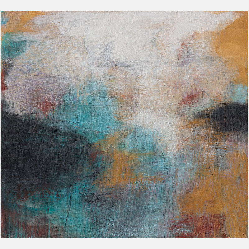 Abstract expressionist Painting by Orazio De Gennaro. Mainly blue, yellow, white, black, green colors. Title: Terra Incognita III