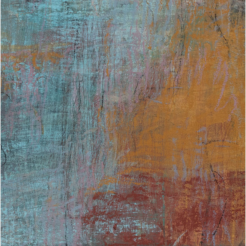 Detail of a Abstract expressionist Painting by Orazio De Gennaro. Mainly blue, yellow, white, black, green colors. Title: Terra Incognita III