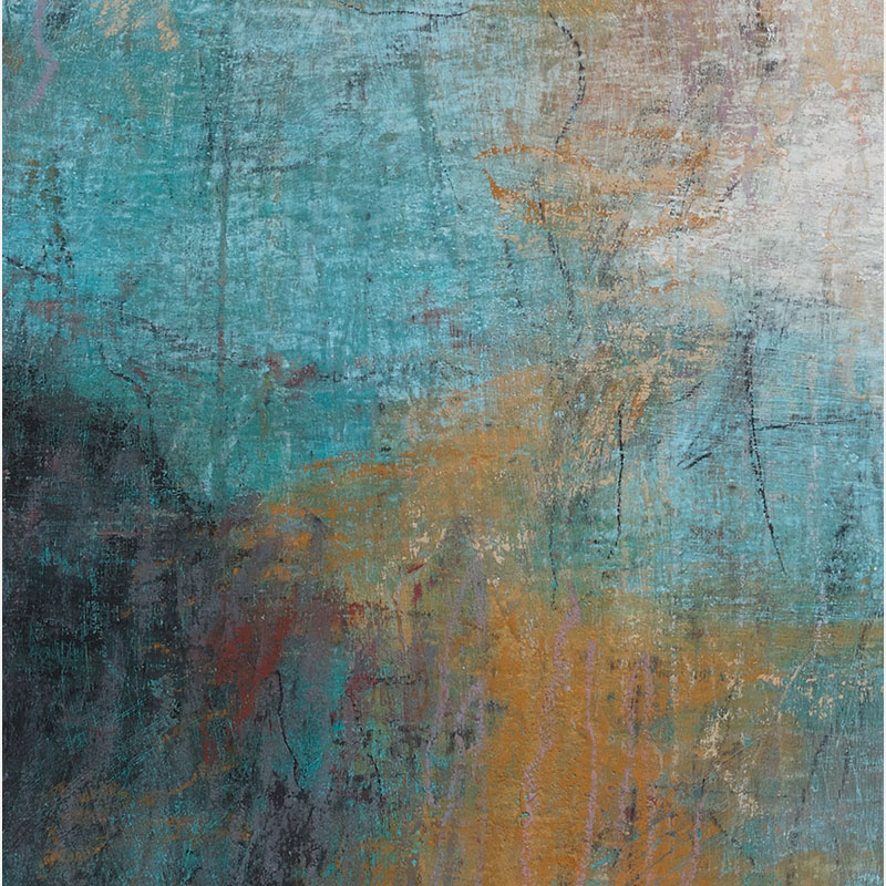 Detail of a Abstract expressionist Painting by Orazio De Gennaro. Mainly blue, yellow, white, black, green colors. Title: Terra Incognita III