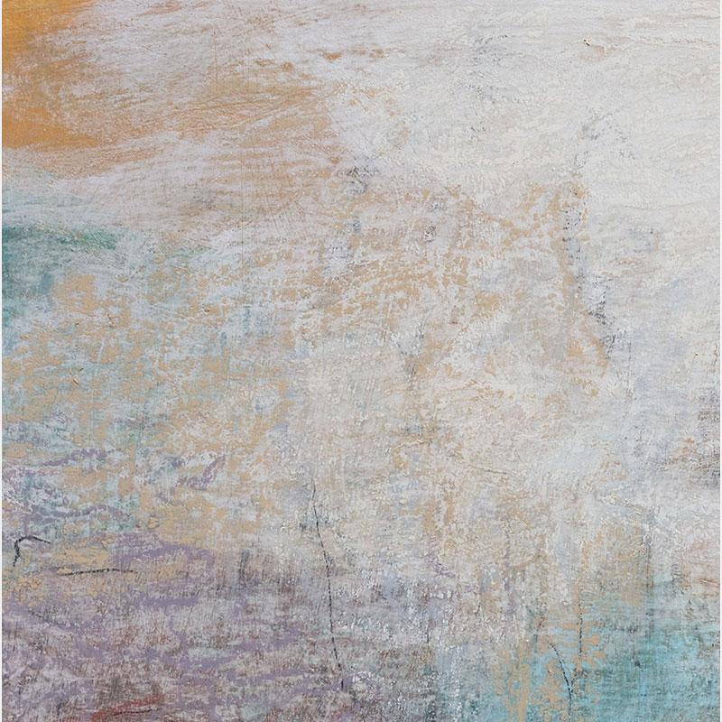 Detail of a Abstract expressionist Painting by Orazio De Gennaro. Mainly blue, yellow, white, black, green colors. Title: Terra Incognita III