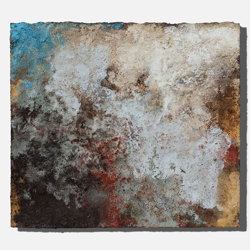 Abstract expressionist Work on Paper by Orazio De Gennaro. Mainly brown, white, red, blue colors. Title: Terra Bruciata 9