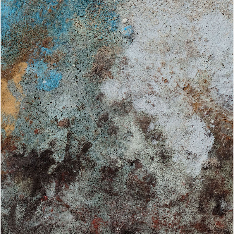 Detail of a Abstract expressionist Work on Paper by Orazio De Gennaro. Mainly brown, white, red, blue colors. Title: Terra Bruciata 9