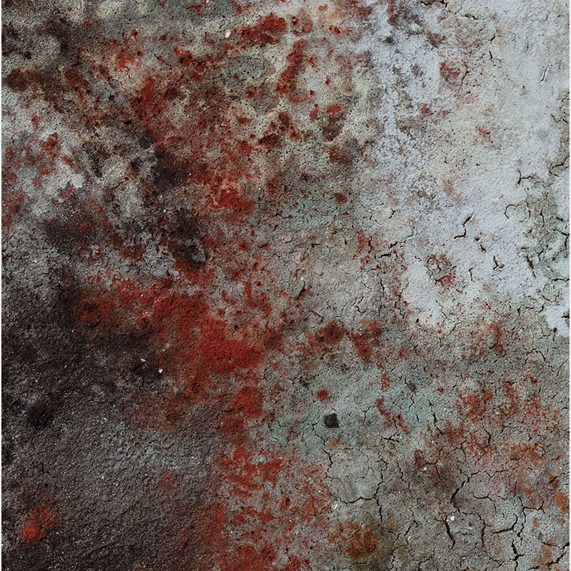 Detail of a Abstract expressionist Work on Paper by Orazio De Gennaro. Mainly brown, white, red, blue colors. Title: Terra Bruciata 9