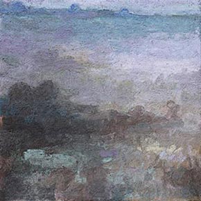 Abstract expressionist Painting by Orazio De Gennaro. Mainly blue, purple, grey colors. Title: Memorie II. Link to painting's page with detailed images.