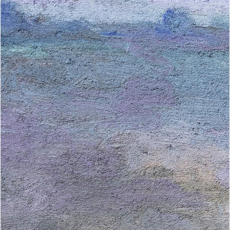 Detail of encaustic surface showing semi-transparent wax and glass powder layers in lavender, blue, and gray. Memorie II by Orazio De Gennaro.