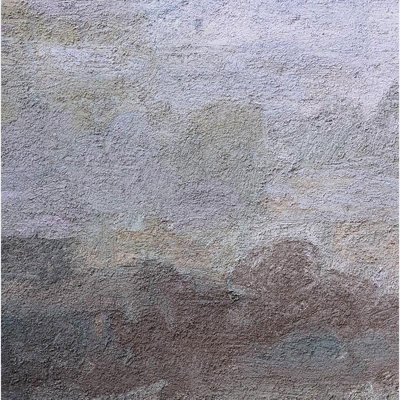 Detail of encaustic surface showing semi-transparent wax and glass powder layers in lavender, blue, and gray. Memorie II by Orazio De Gennaro.