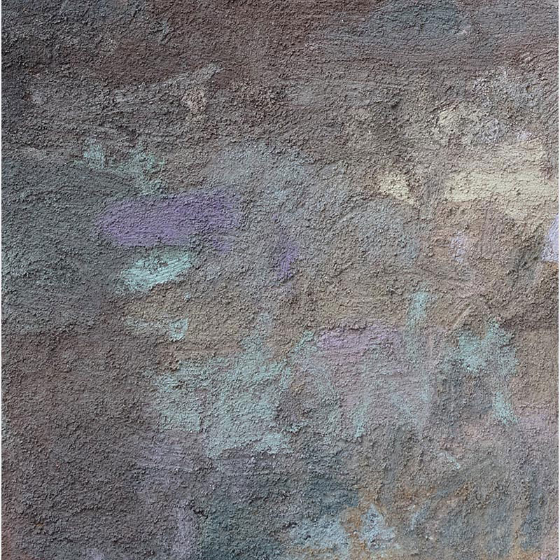 Detail of encaustic surface showing semi-transparent wax and glass powder layers in lavender, blue, and gray. Memorie II by Orazio De Gennaro.