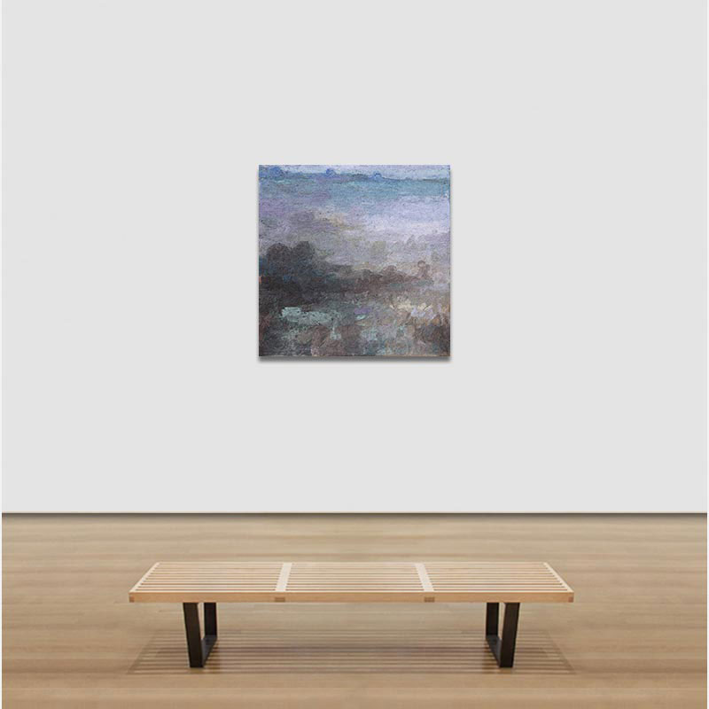 Room view of encaustic abstract landscape Memorie II [Memories II] (2023) by Orazio De Gennaro, 36 x 36 inches. Soft blues and grays on panel.