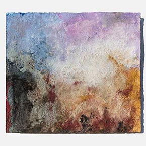 Abstract expressionist work on Paper by Orazio De Gennaro. Mainly brown, white, red, orange, blue, purple colors. Title: Terra Bruciata 15. Link to painting's page with detailed images.