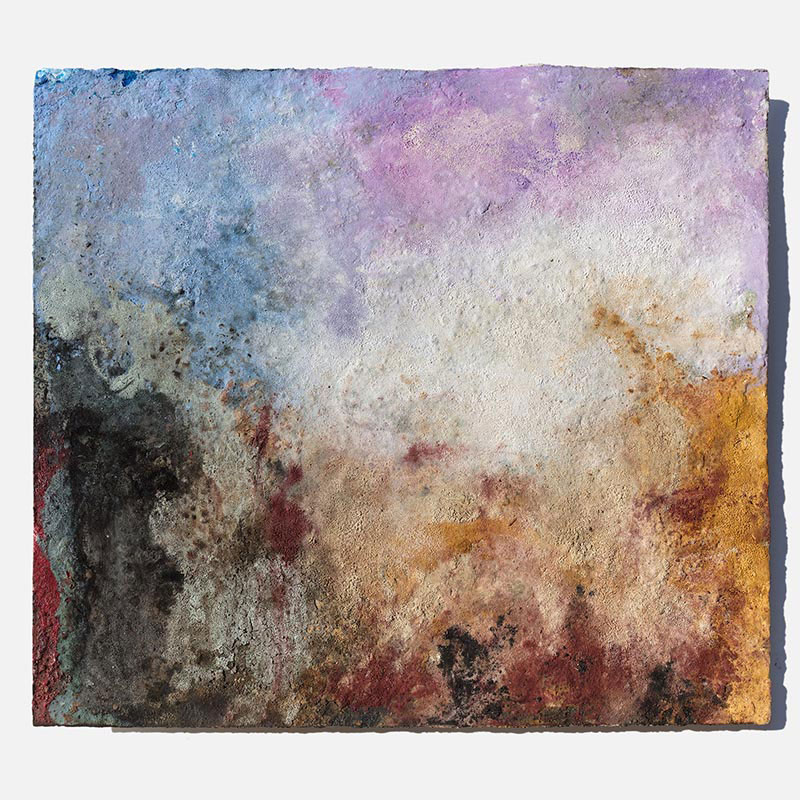 Abstract work on paper by Orazio De Gennaro. Cool blues and soft violets at top dissolving into ochres, deep reds, and smoky blacks below. Terra Bruciata 15, 2016.