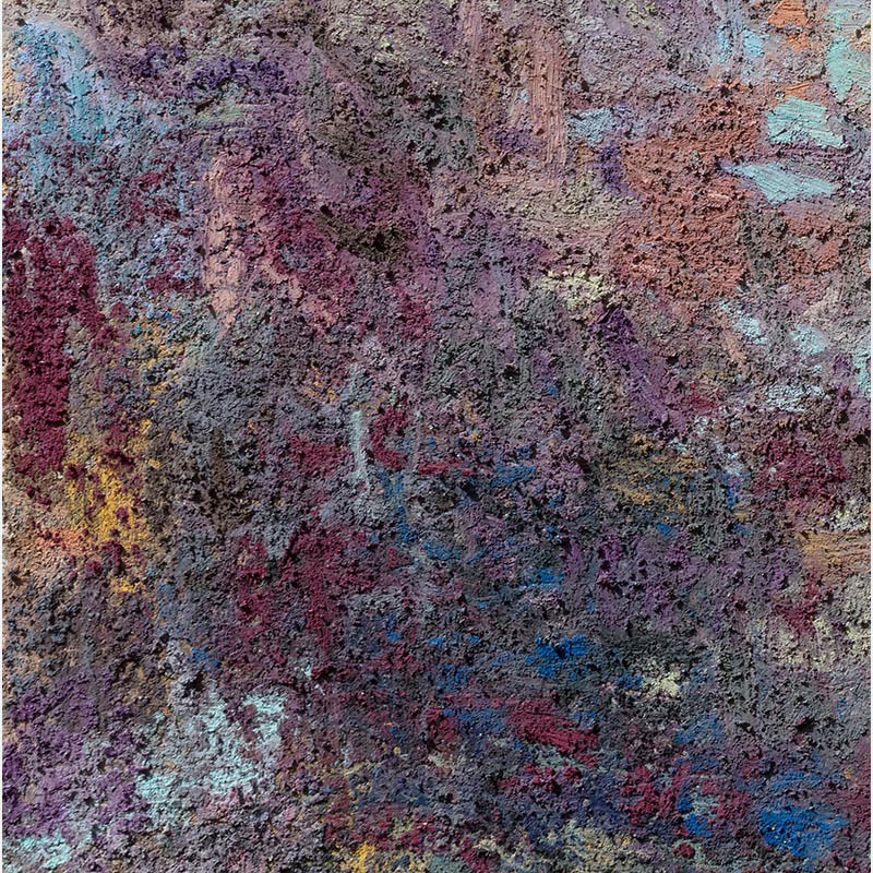 Detail of encaustic surface showing glass powder refraction through semi-transparent wax layers in lavender, gold, and aquamarine. Ballads of Lights by Orazio De Gennaro.
