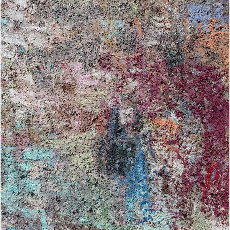 Detail of encaustic surface showing glass powder refraction through semi-transparent wax layers in lavender, gold, and aquamarine. Ballads of Lights by Orazio De Gennaro.