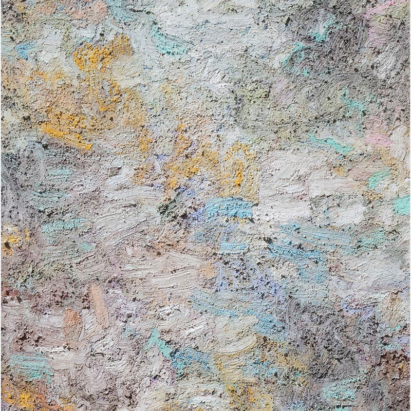 Detail of encaustic surface showing glass powder refraction through semi-transparent wax layers in lavender, gold, and aquamarine. Ballads of Lights by Orazio De Gennaro.