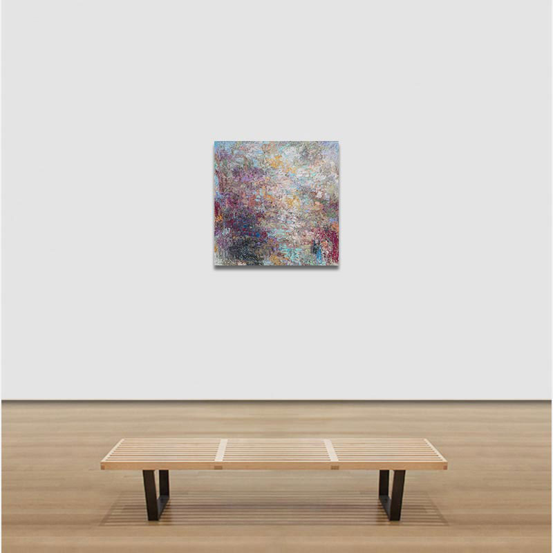 Room view of encaustic abstract painting Ballads of Lights (2021) by Orazio De Gennaro, 36 x 36 inches. Lavender and gold tones on panel.