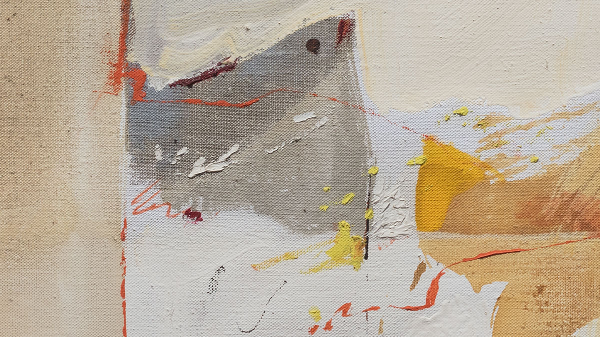 Fresco-on-canvas landscape detail by Paolo Buggiani showing warm ochre and terracotta color zones