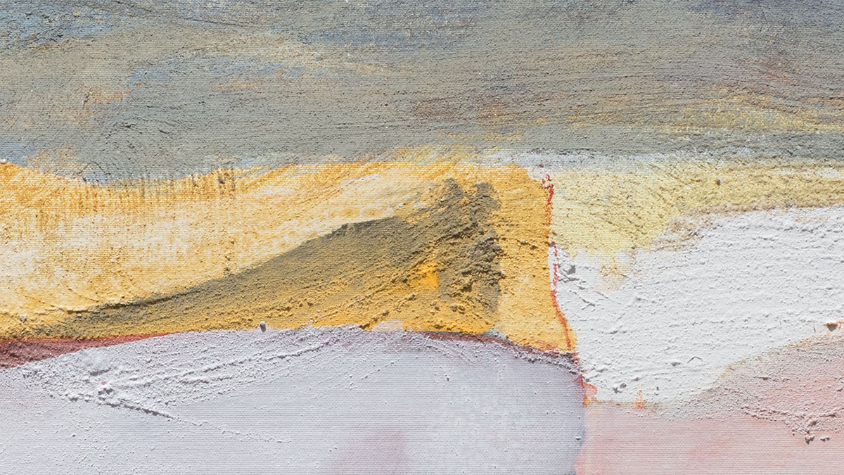 Fresco-on-canvas painting detail by Paolo Buggiani showing granular sand-and-pigment surface