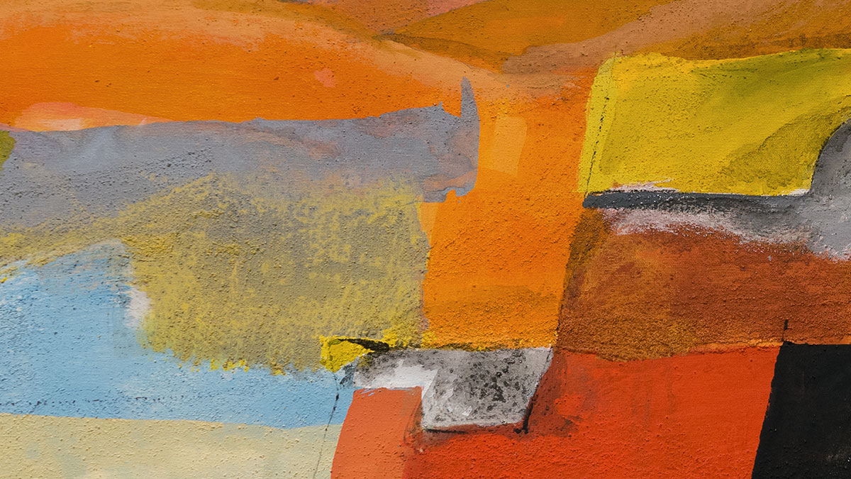 Fresco-on-canvas painting detail by Paolo Buggiani emphasizing chromatic structure and landscape compression
