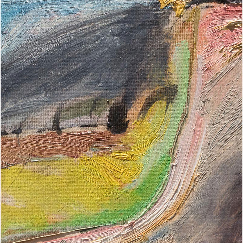 Detail, Paesaggio Senza Persone by Paolo Buggiani. Dark gestural strokes and green accent on beige fresco ground.