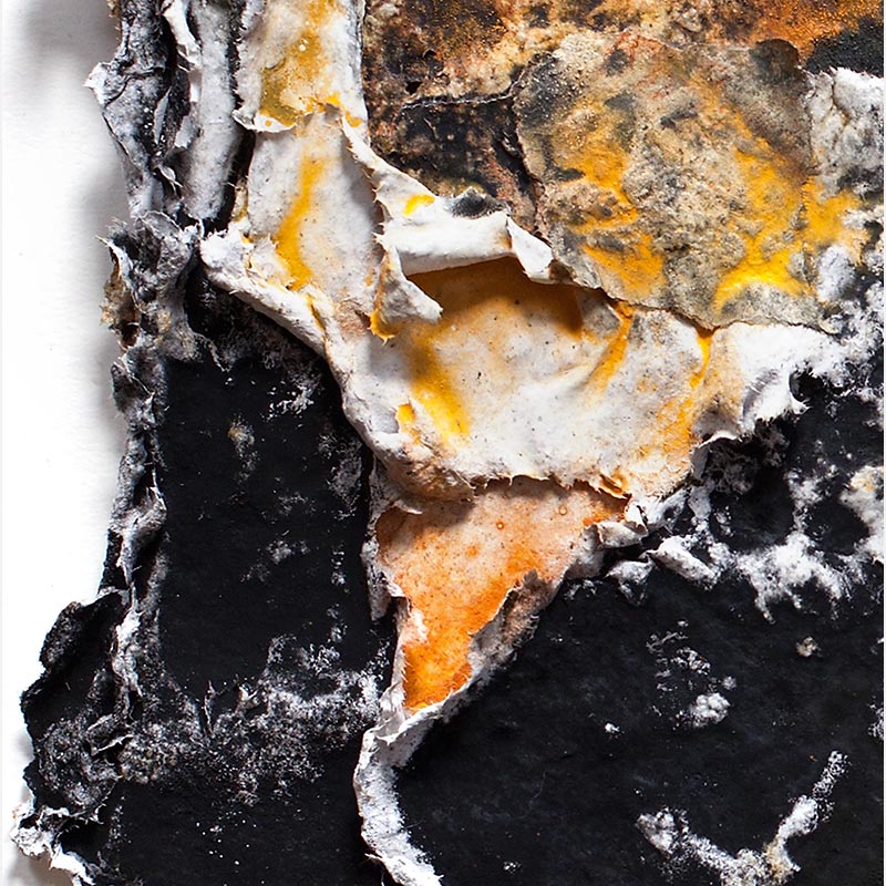 Detail of an abstract textural work on paper. Mainly yellow and black colors. Title: Charta: Ater, Gilvus et Flavus