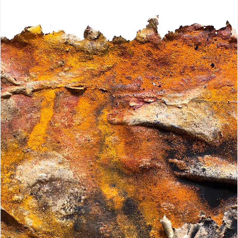 Detail of an abstract textural work on paper. Mainly yellow and black colors. Title: Charta: Ater, Gilvus et Flavus